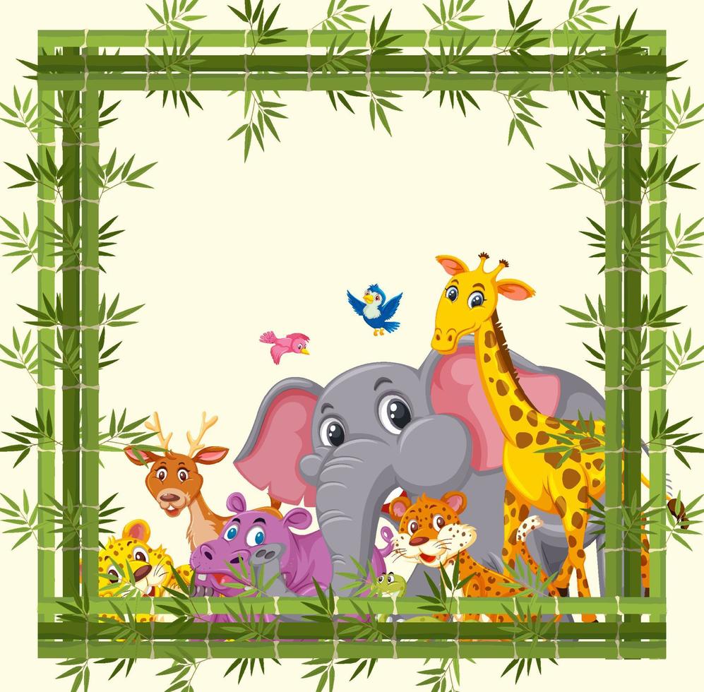 Empty banner with bamboo frame and wild animals group vector