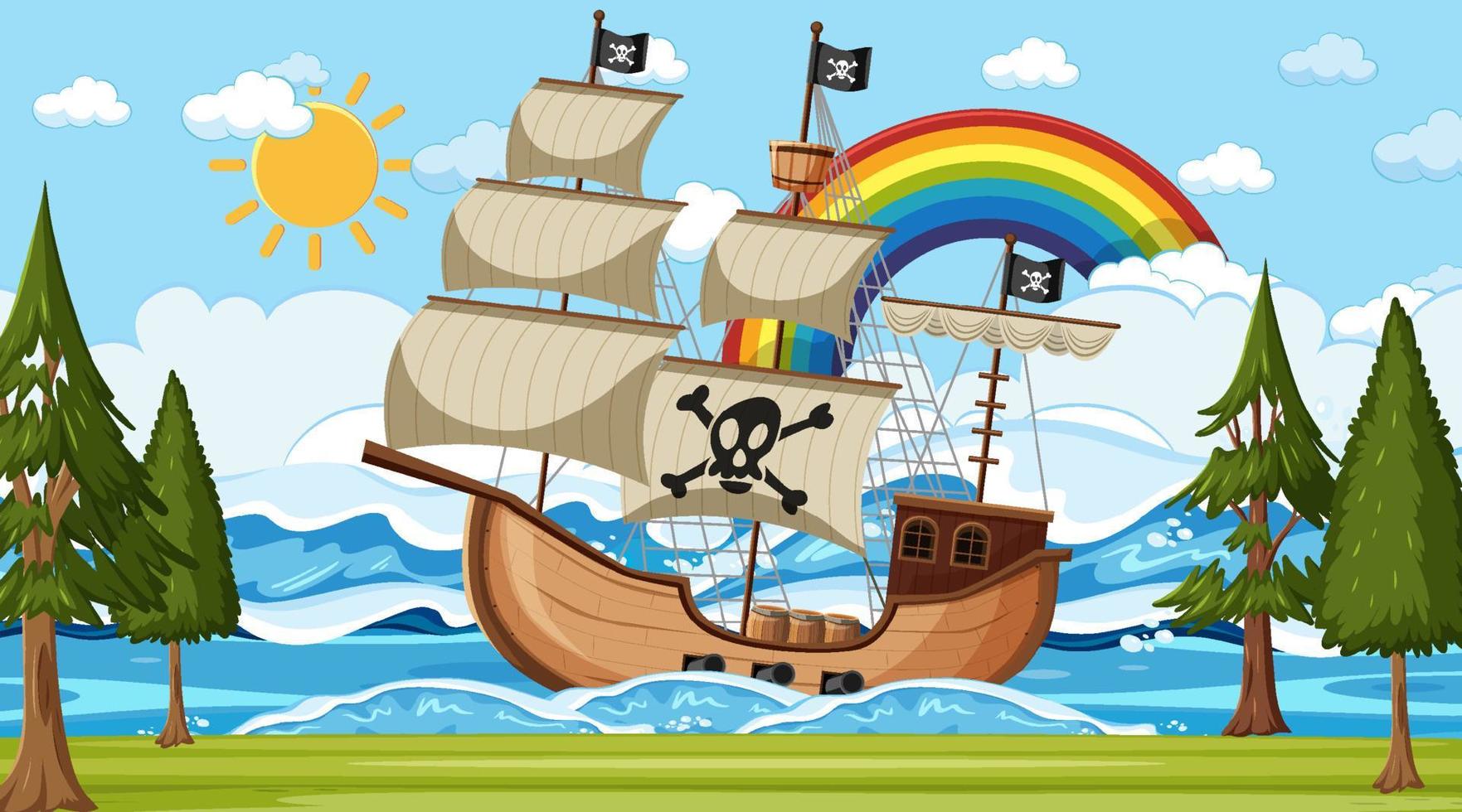 Ocean with Pirate ship at day time scene in cartoon style vector