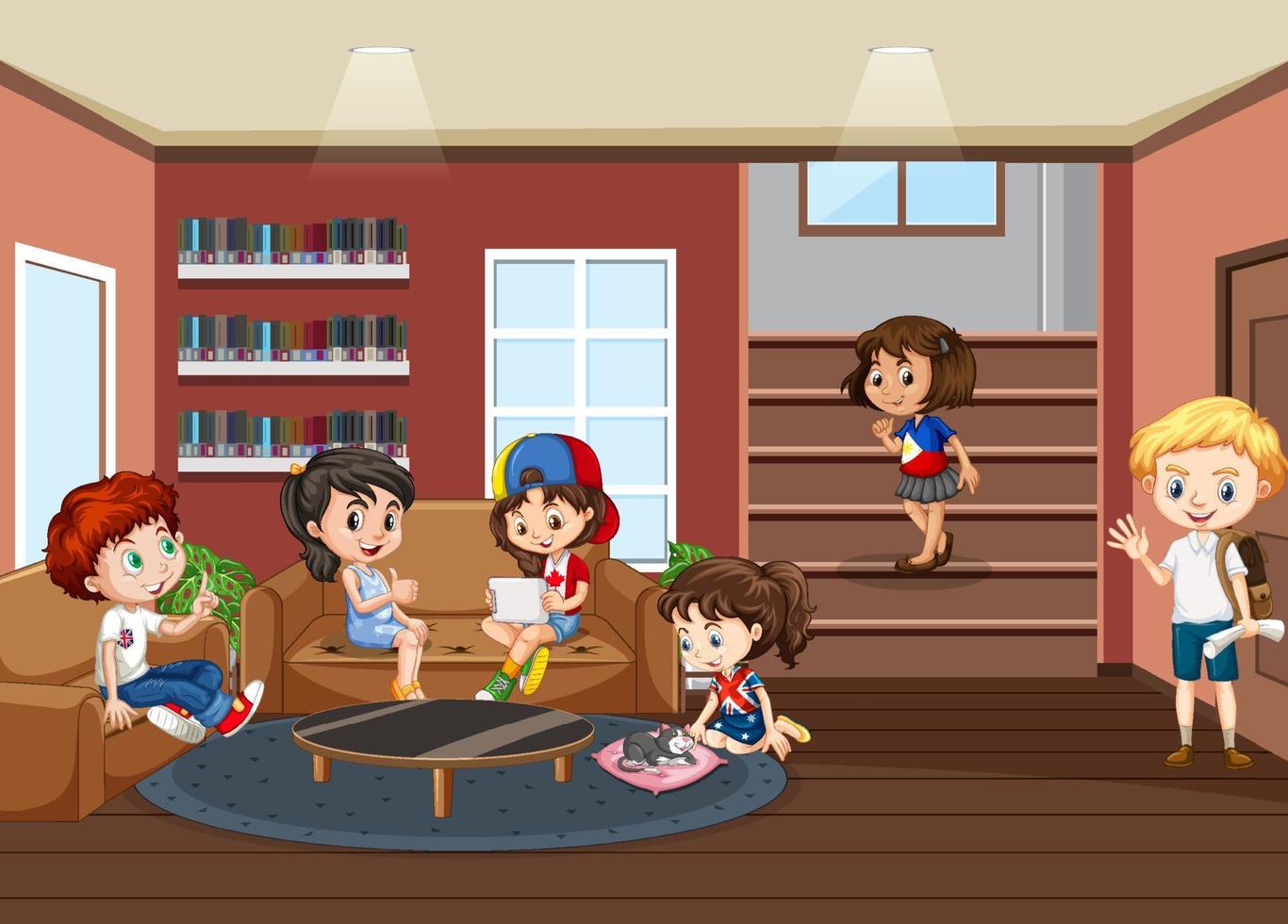 Interior de la biblioteca escolar con grupo de niños. vector