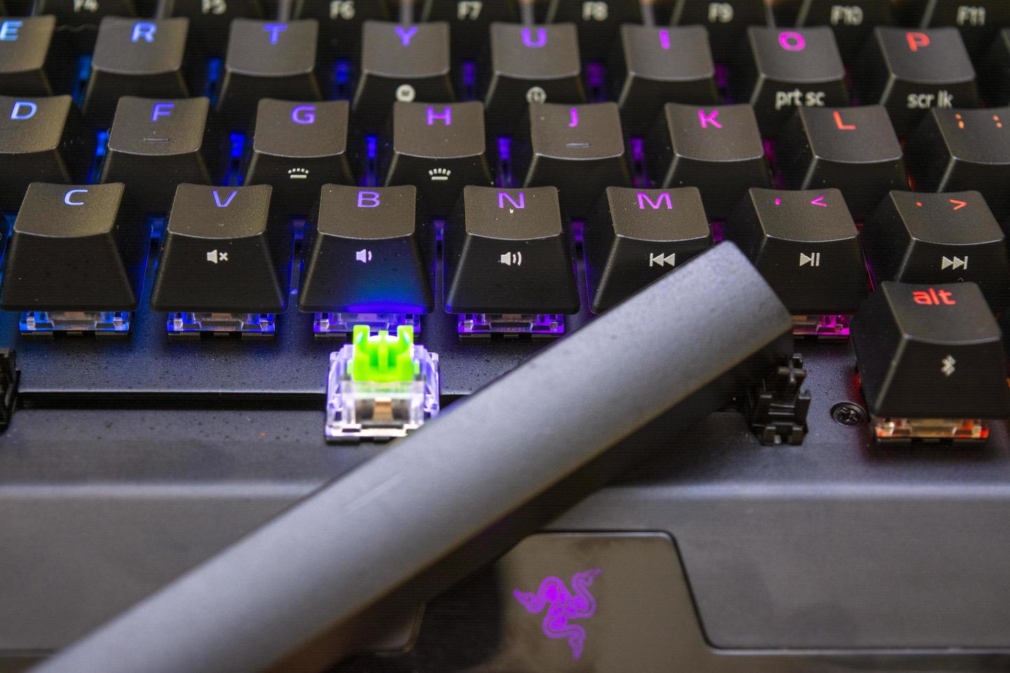 31 August 2021-Bucharest, Romania. The Razer keyboard with the space button taken out to show it is replaceable photo