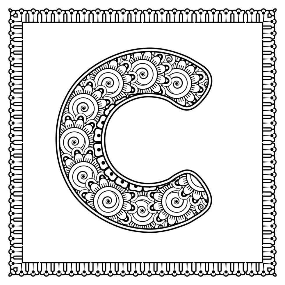 Letter C made of flowers in mehndi style. coloring book page. outline hand-draw vector illustration.