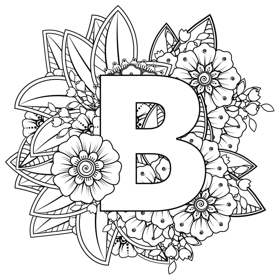 Letter B with Mehndi flower. decorative ornament in ethnic oriental style. coloring book page. vector