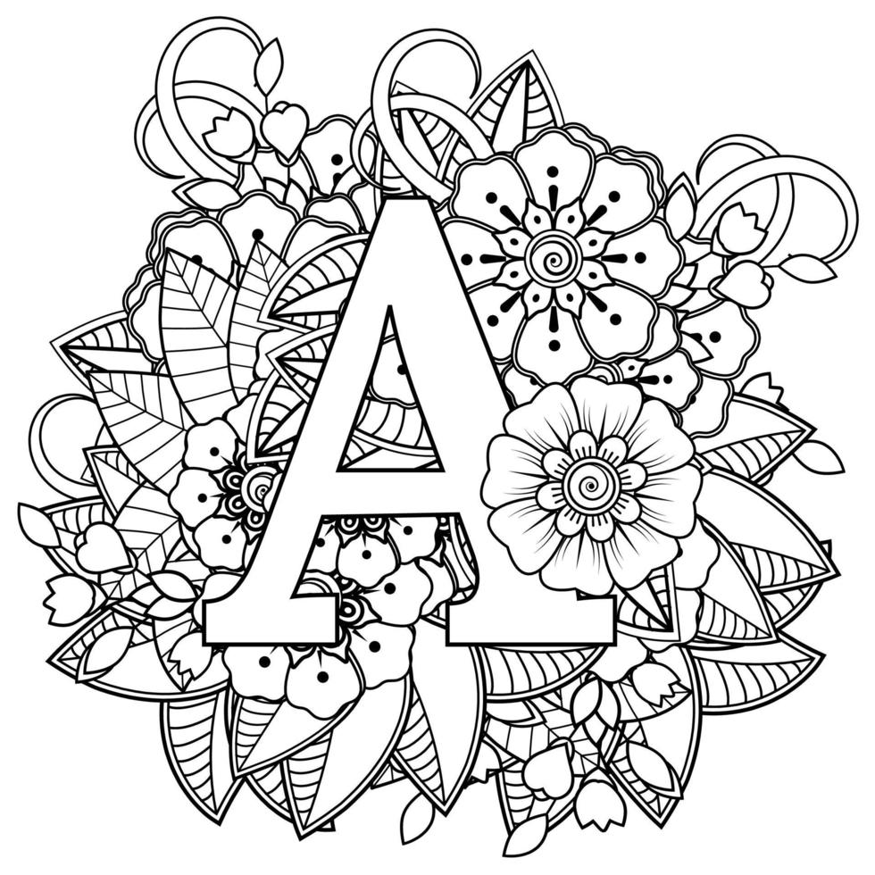 Letter A with Mehndi flower. decorative ornament in ethnic oriental style. coloring book page. vector