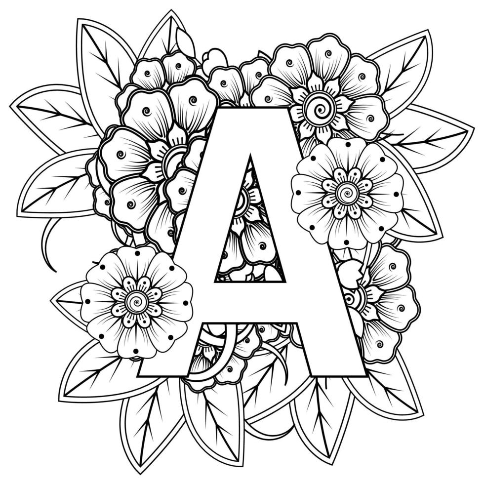 Letter A with Mehndi flower. decorative ornament in ethnic oriental style. coloring book page. vector