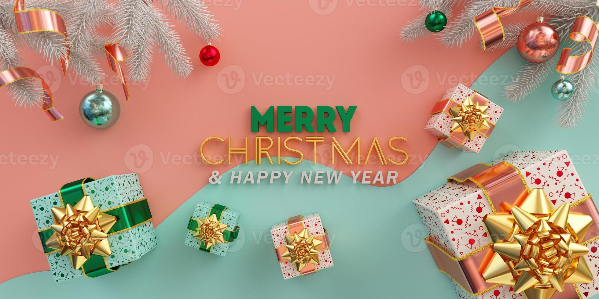 Merry Christmas Illustration flat lay with golden gifts and multicolored balls on pink and blue background 3d render photo