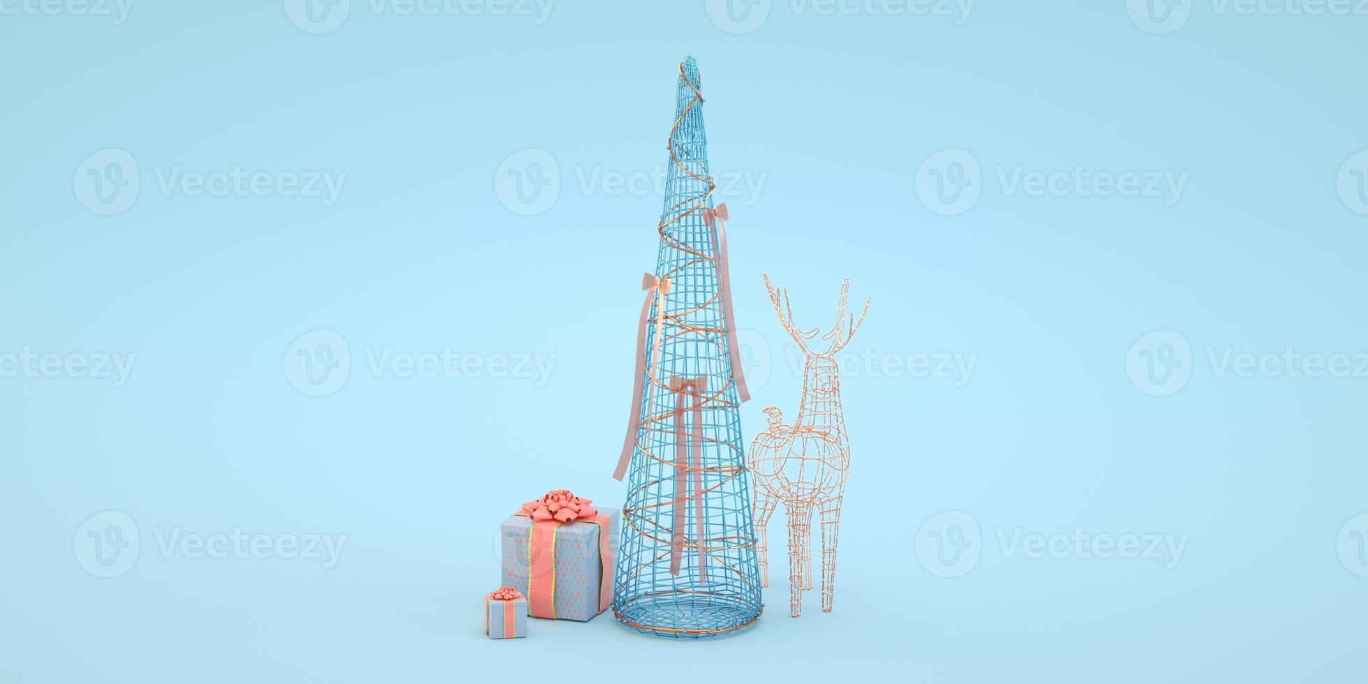 Ilustración mínima de árbol de navidad y ciervos con regalos sobre fondo azul render 3d foto