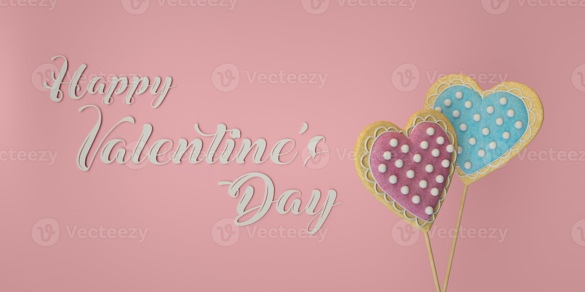 Happy Valentines day illustrated card with two heart cookies on pink background 3d render photo