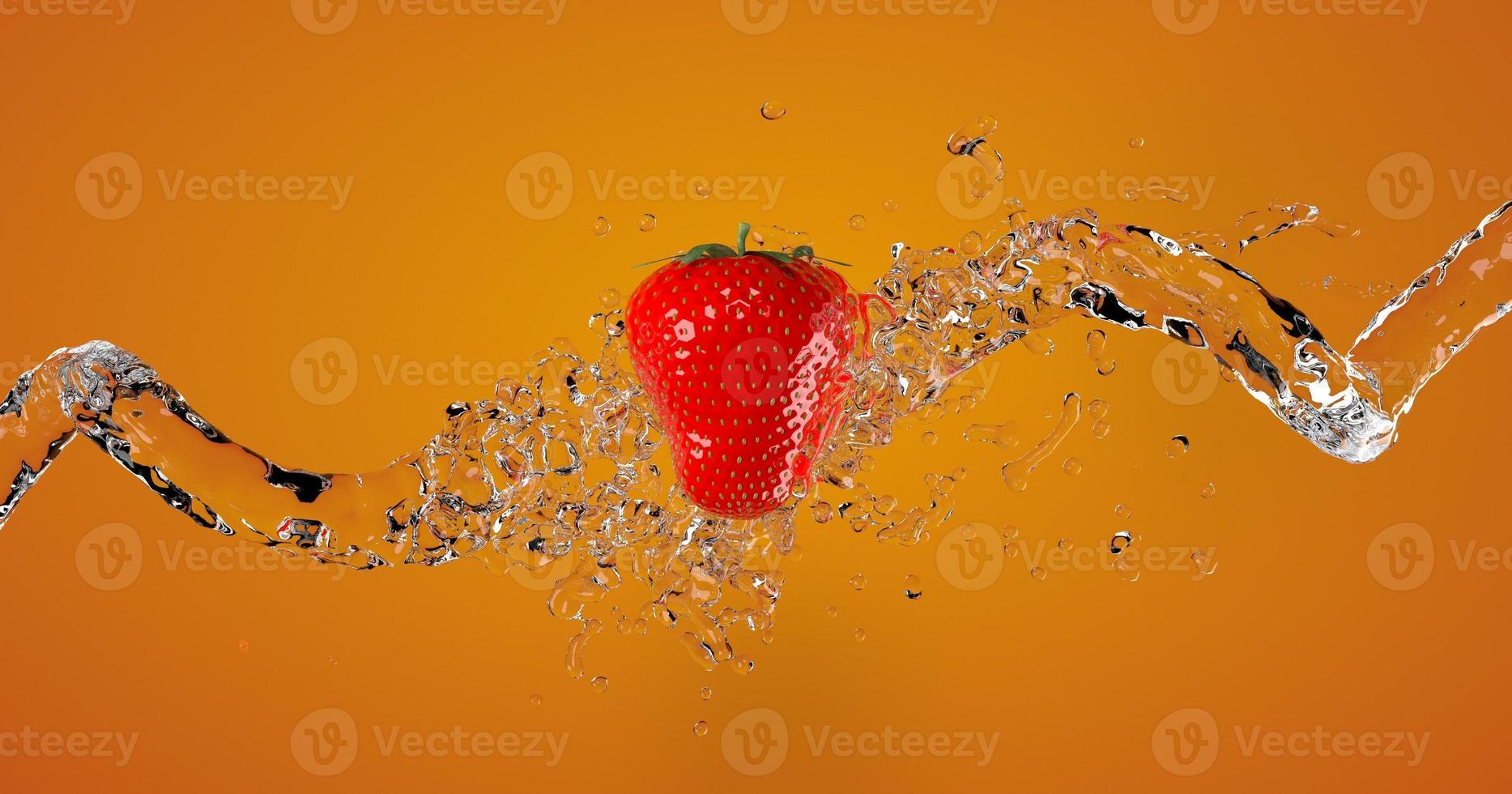 Strawberry with splash liquid in orange background 3d render photo