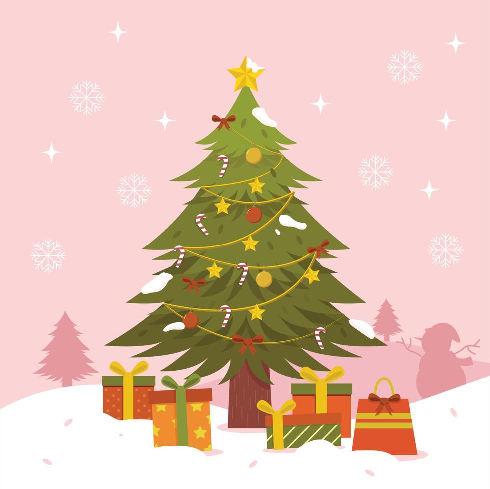 concepto de árbol de navidad en invierno con muchas cajas de regalo vector