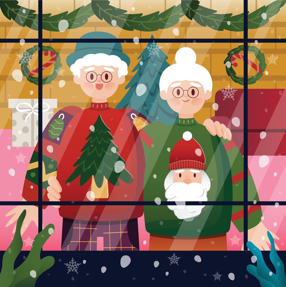 pareja de ancianos vistiendo una fea plantilla de fondo de suéter navideño vector