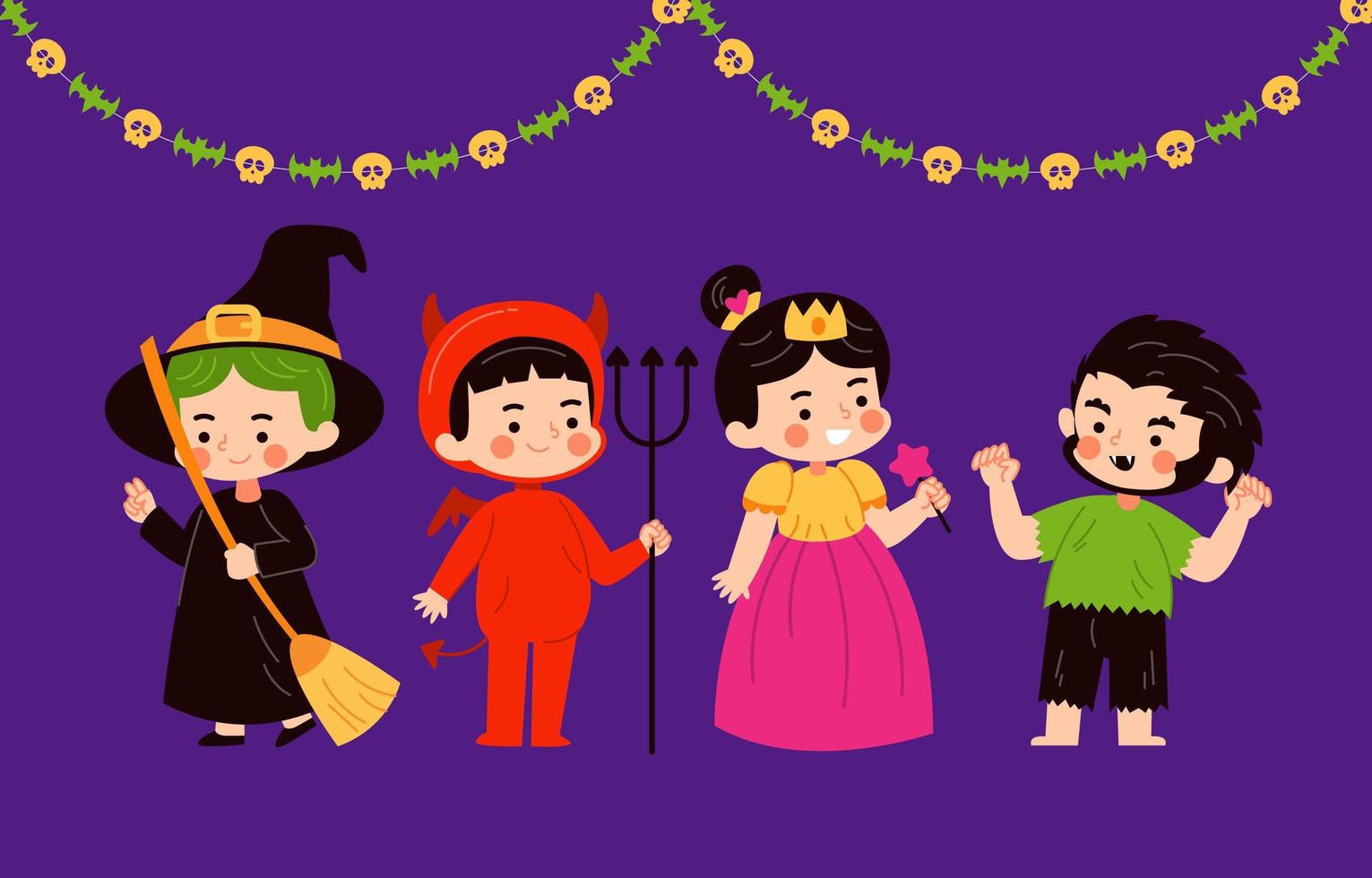 Niños modelando princesas siendo intimidadas por monstruos en la fiesta de Halloween vector