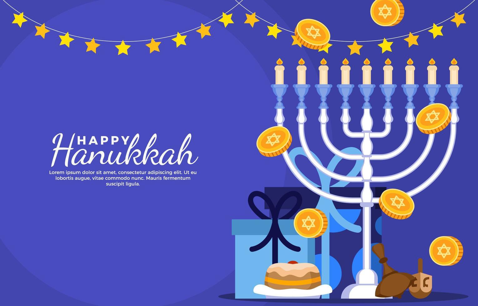 monedas que caen junto a la menorá durante el festival de hanukkah vector