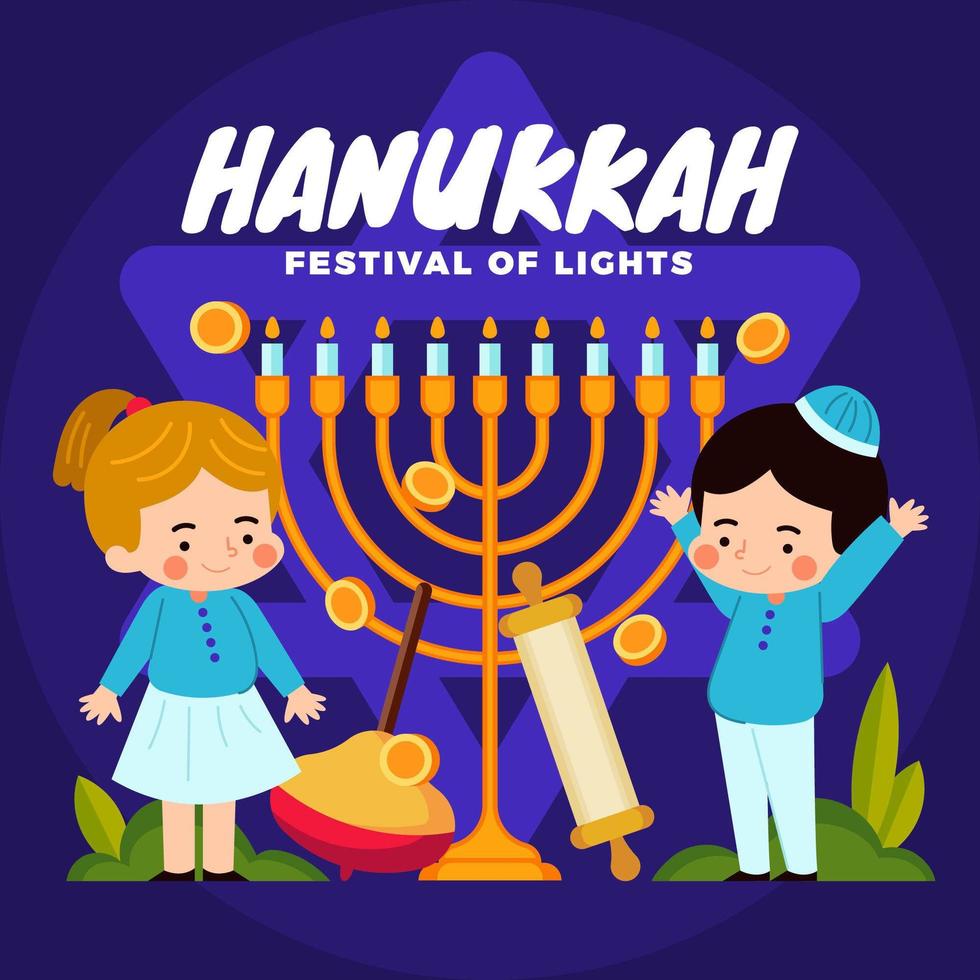 dos niños pequeños celebran el festival de hanukkah vector