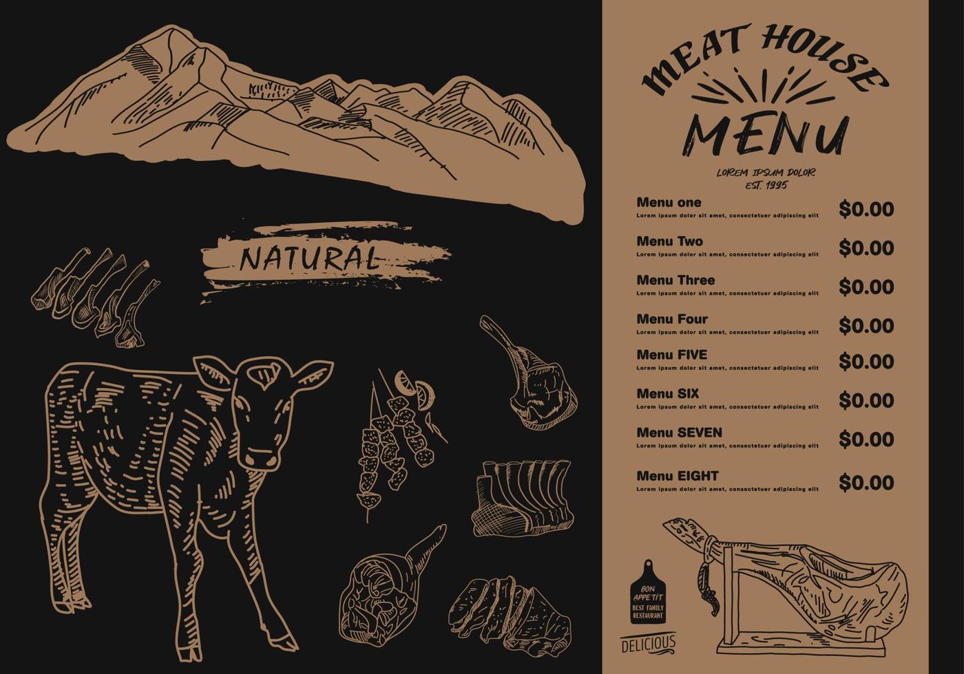 Fresh meat products collection. Sketch vector illustration.