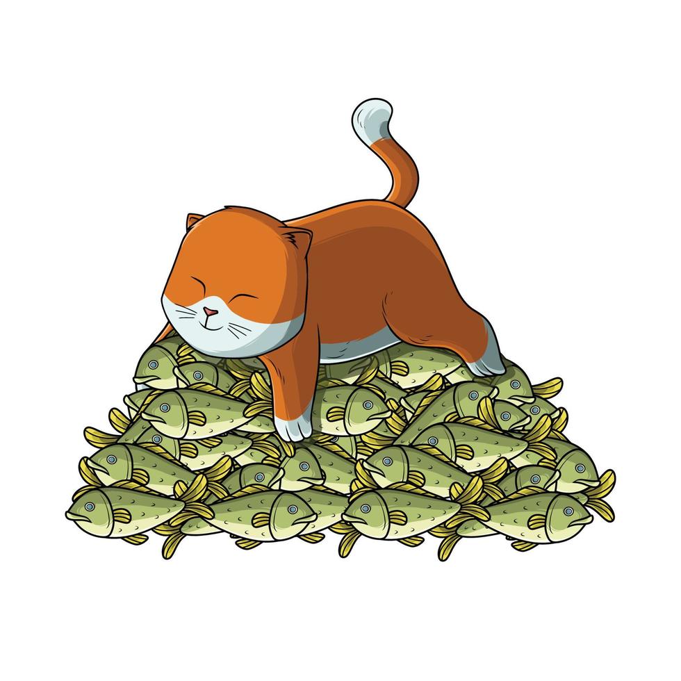 Cat on mountain of fish vector