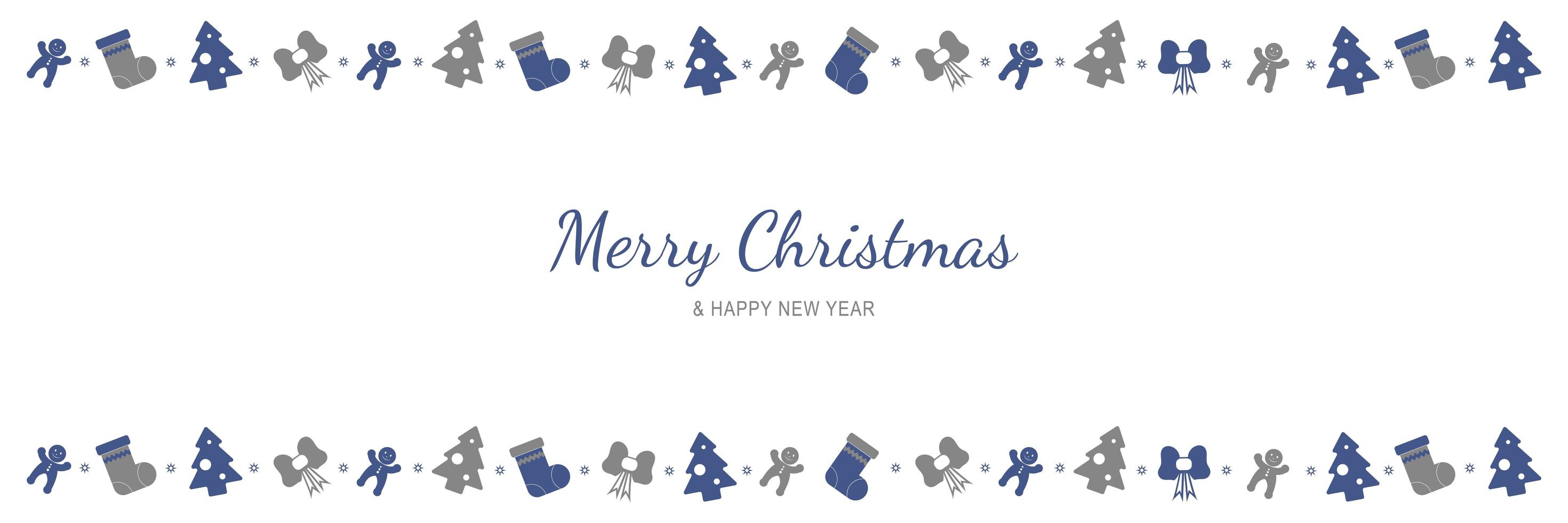 Merry Christmas and New Year 2022 poster. Xmas minimal banner with holiday symbols borders and text on white background. Horizontal header of website. Vector illustration for greeting card design
