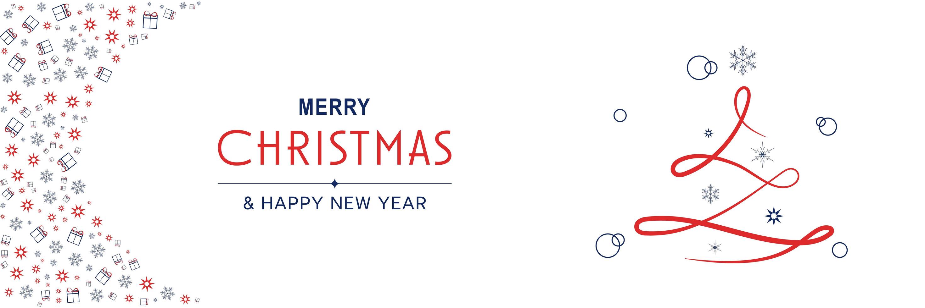 Merry Christmas and New Year 2022 poster. Xmas minimal banner with line tree and abstract pattern border and text on white background. Horizontal web header. Vector illustration for greeting card