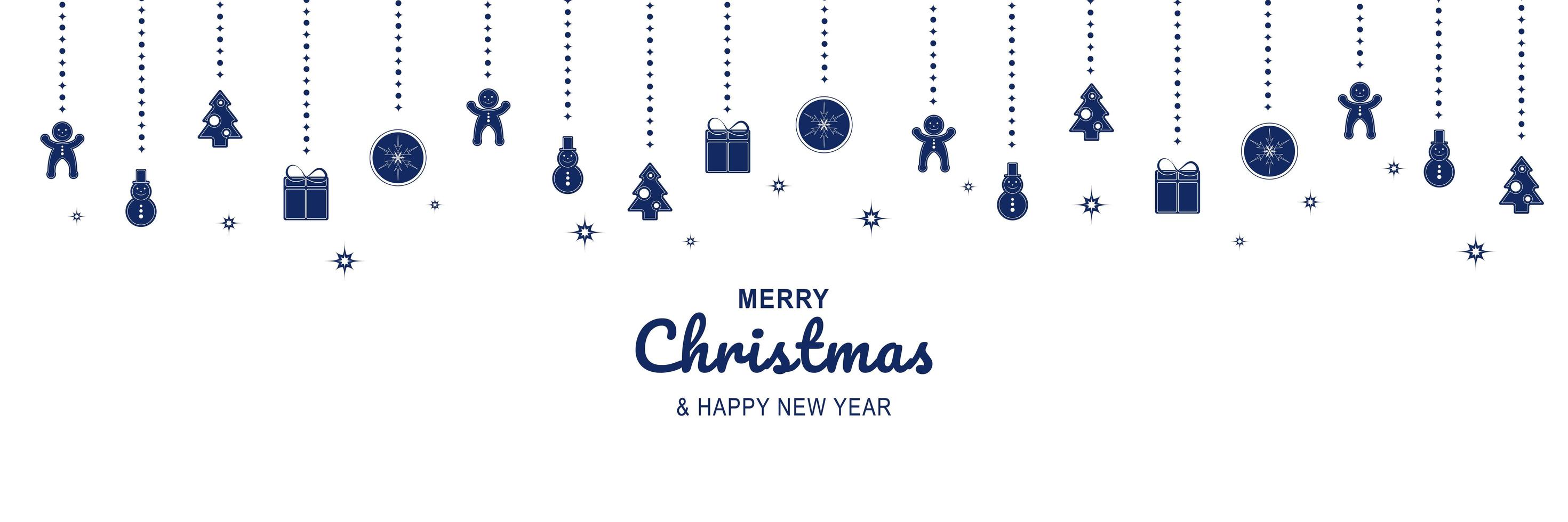 Hanging Banner Images Merry Christmas Happy New Year 2022 Merry Christmas And New Year 2022 Poster. Xmas Minimal Banner With Blue  Hanging Gingerbreads, Snowmans, Trees, Gifts, Balls And Text On White  Background. Vector Illustration For Greeting Card Design 3709463 Vector Art