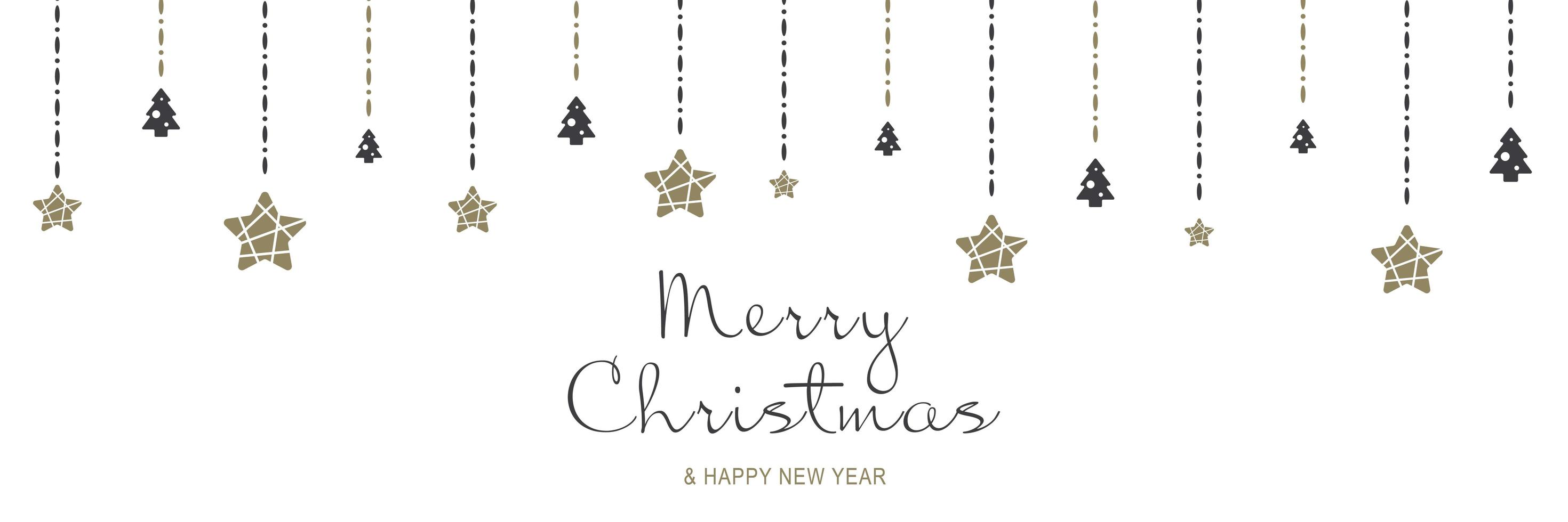 Merry Christmas and New Year 2022 poster. Xmas minimal banner with holiday symbols border with hanging stars and festive trees, text on white background. Vector illustration for greeting card design