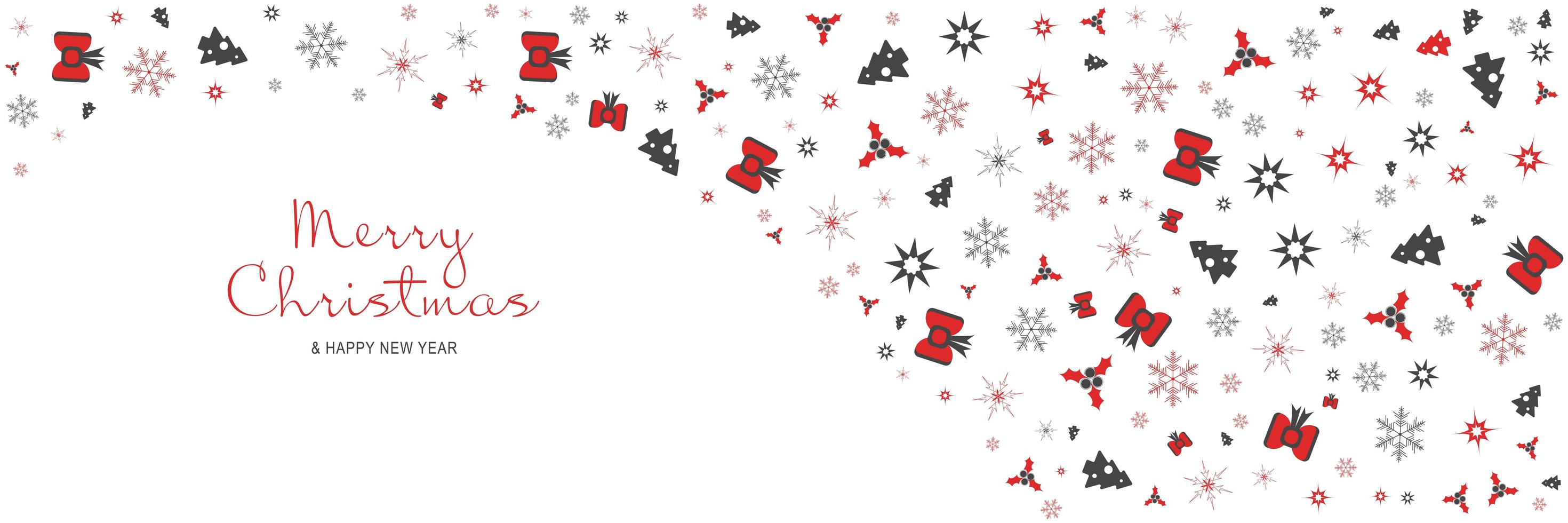 cartel de feliz navidad y año nuevo 2022. Banner mínimo de Navidad con árboles, copos de nieve, borde de patrón de estrellas y texto sobre fondo blanco. encabezado web horizontal. ilustración vectorial para tarjeta de felicitación vector