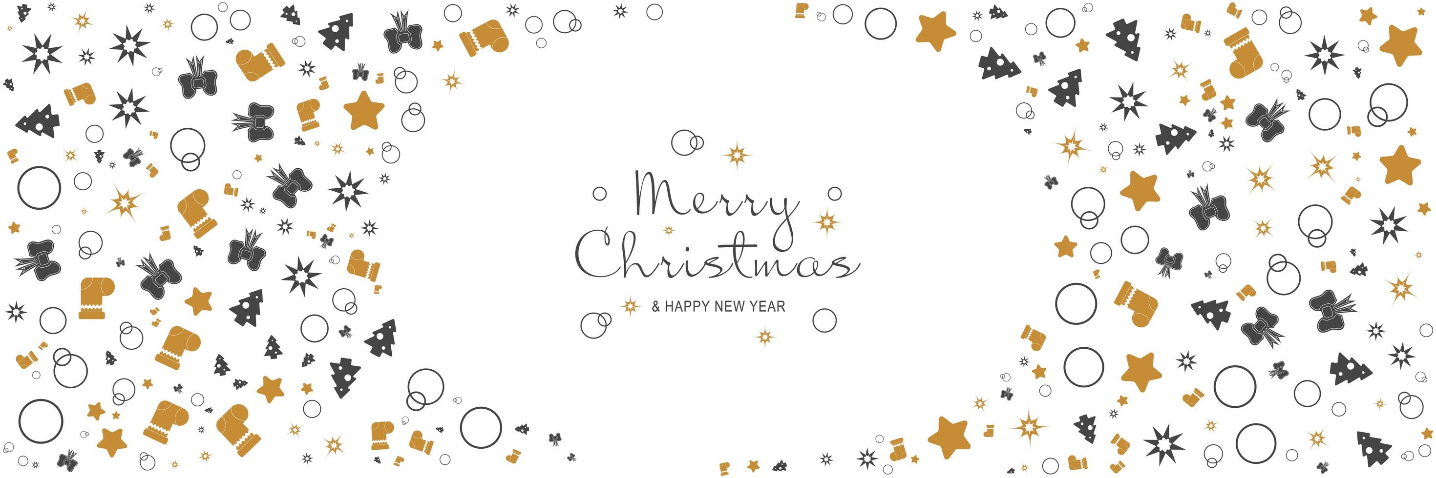 Merry Christmas and New Year 2022 poster. Xmas minimal banner design with trees, stars, bows, socks pattern and text on white background. Horizontal web header. Vector illustration for greeting card
