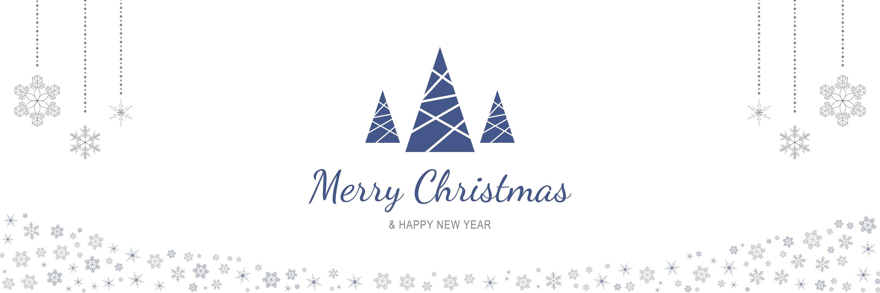 Merry Christmas and New Year 2022 poster. Xmas minimal banner with abstract trees, hanging snowflakes and text on white background. Horizontal web header. Vector illustration for greeting card design