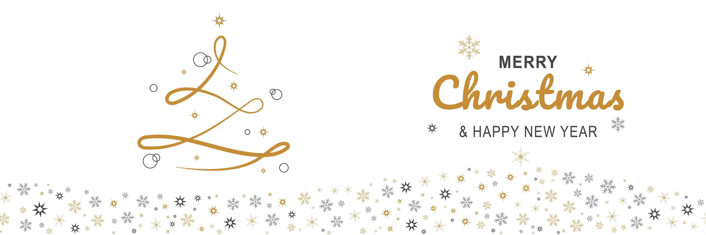 cartel de feliz navidad y año nuevo 2022. Banner mínimo de Navidad con patrón de árbol de línea dorada y copos de nieve y texto sobre fondo blanco. encabezado web horizontal. ilustración vectorial para tarjeta de felicitación vector