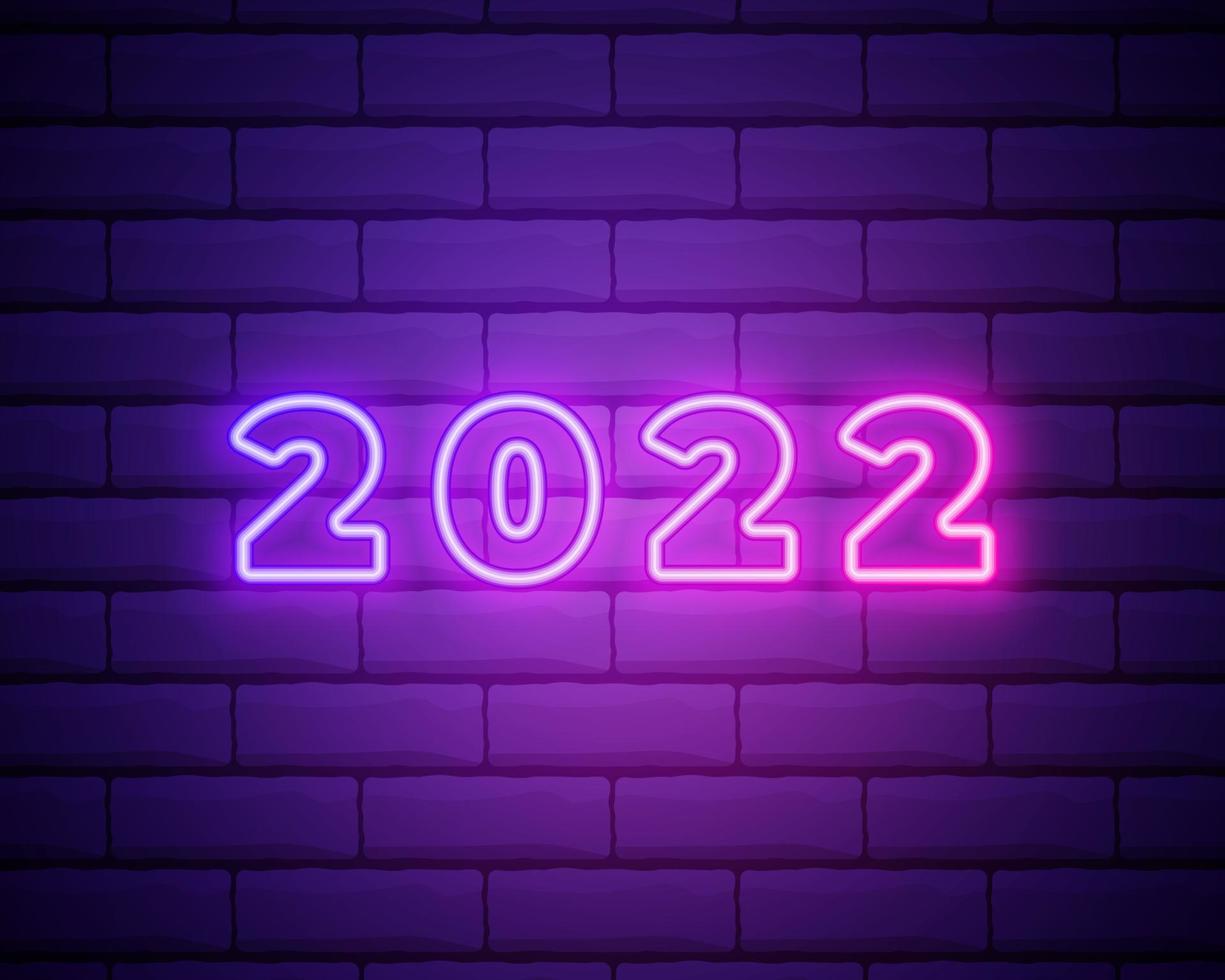 2022 neon signboard. Happy New Year. Realistic pink neon numbers on dark brick wall. Vector 2022 in neon linear style.
