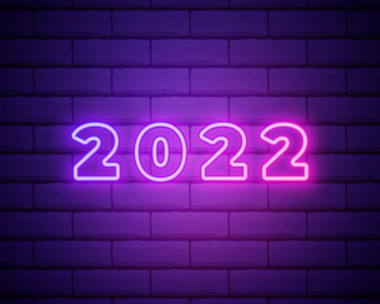 2022 neon signboard. Happy New Year. Realistic pink neon numbers on dark brick wall. Vector 2022 in neon linear style.