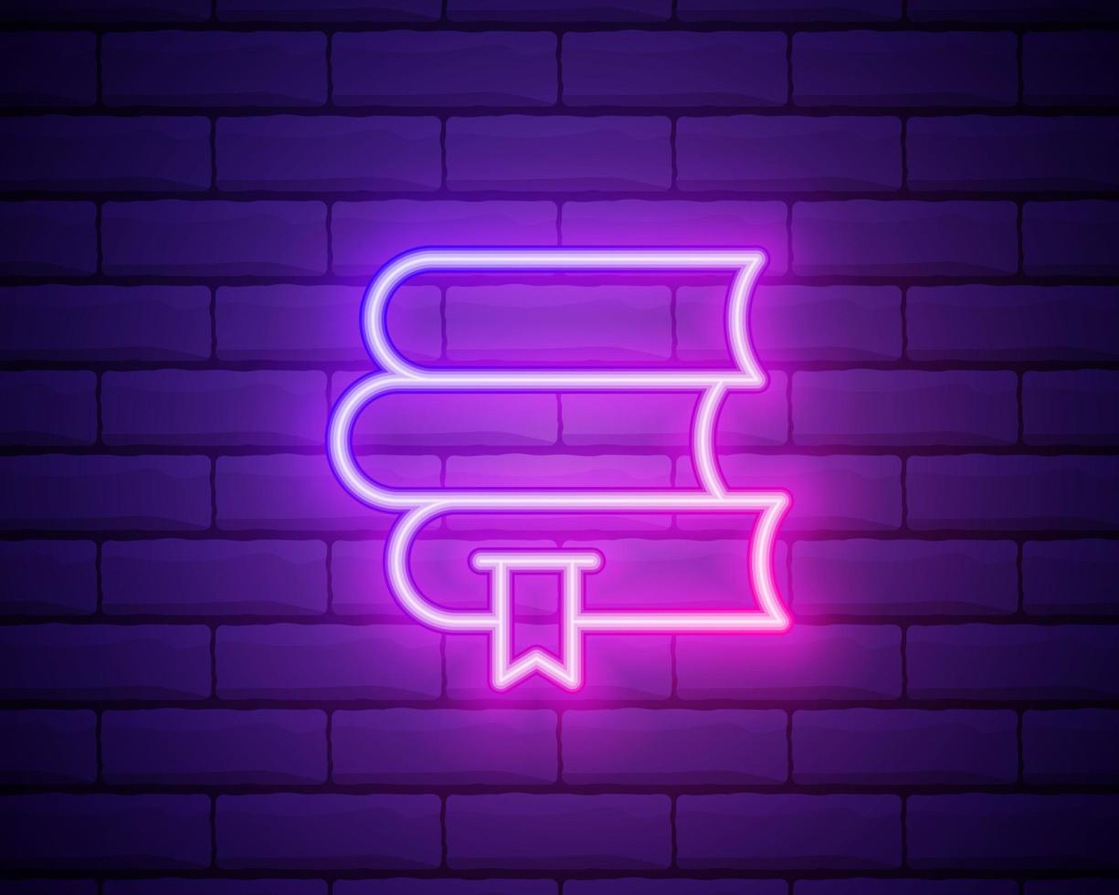 Glowing neon line Book icon isolated on brick wall background. Colorful outline concept. Vector. vector
