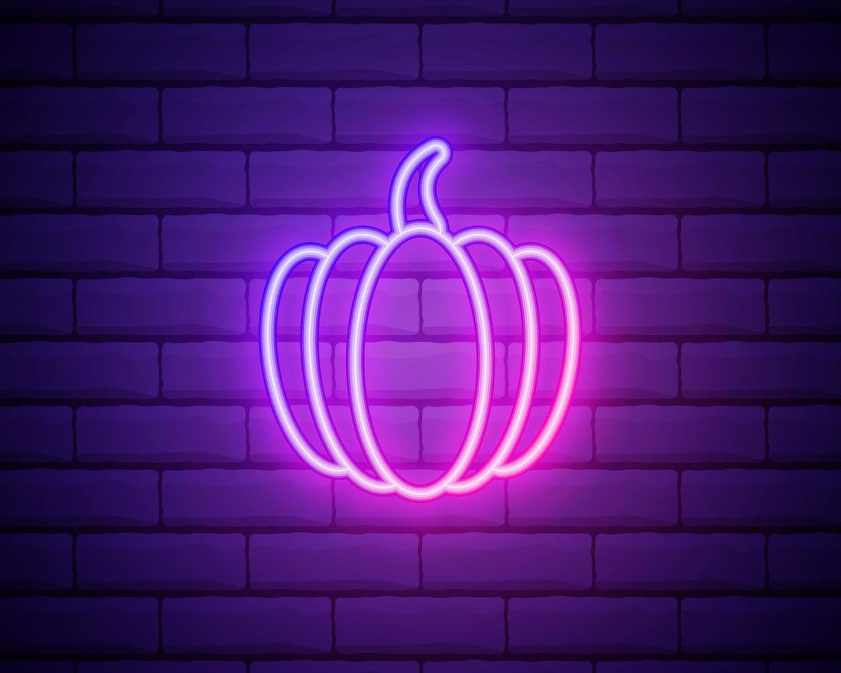 Vintage Glow Signboard with Pumpkin. Shiny Neon Light Fall Plant. Design Element for Thanksgiving and Halloween Holidays. Seamless Brick Wall. Vector 3d Illustration. Clipping Mask, Editable