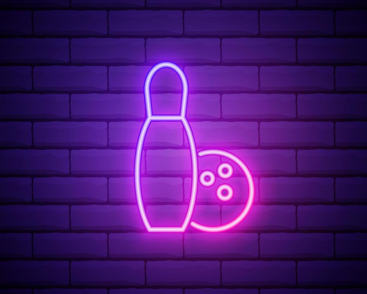 Glowing neon Bowling pin and ball icon isolated on brick wall background. Sport equipment. Vector