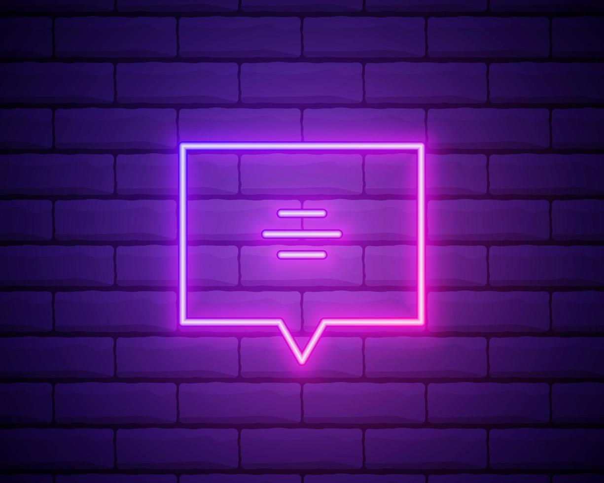 Speech bubble pink glowing neon ui ux icon. Glowing sign logo vector . Glowing speech bubble isolated on brick wall background