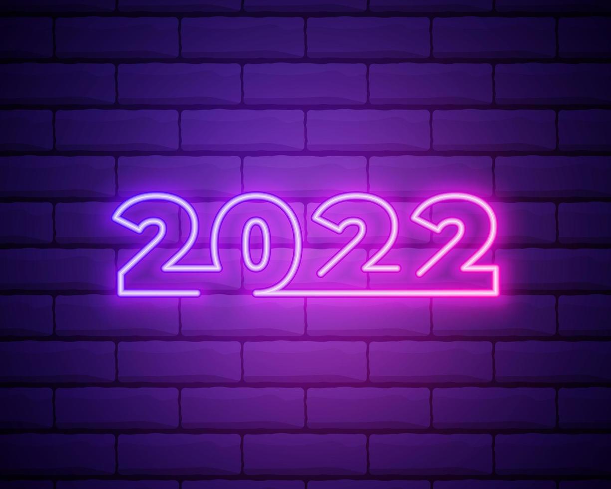 2022 neon signboard. Happy New Year. Realistic pink neon numbers on dark brick wall. Vector 2022 in neon linear style.