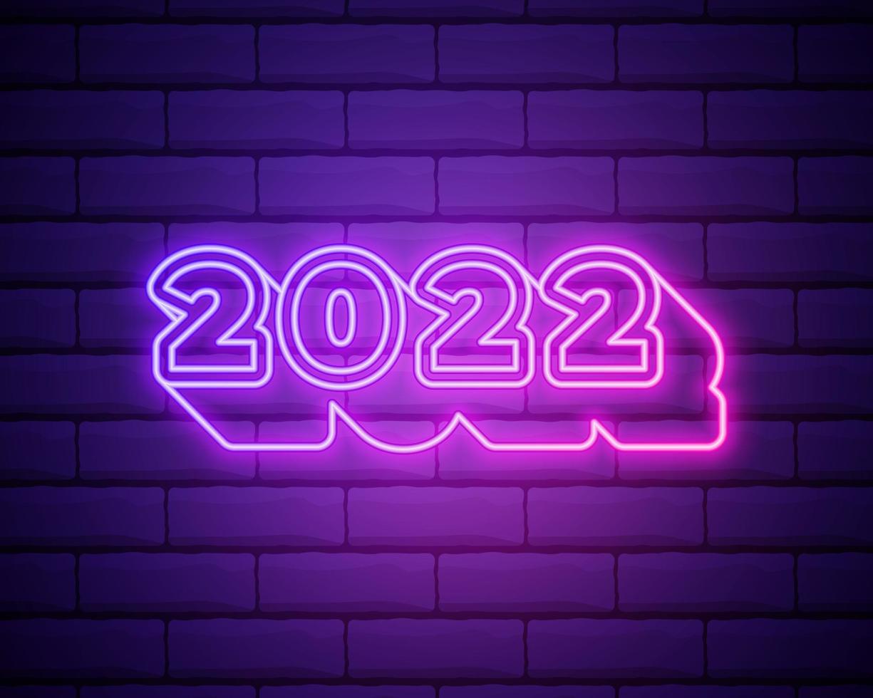 2022 neon signboard. Happy New Year. Realistic pink neon numbers on dark brick wall. Vector 2022 in neon linear style.