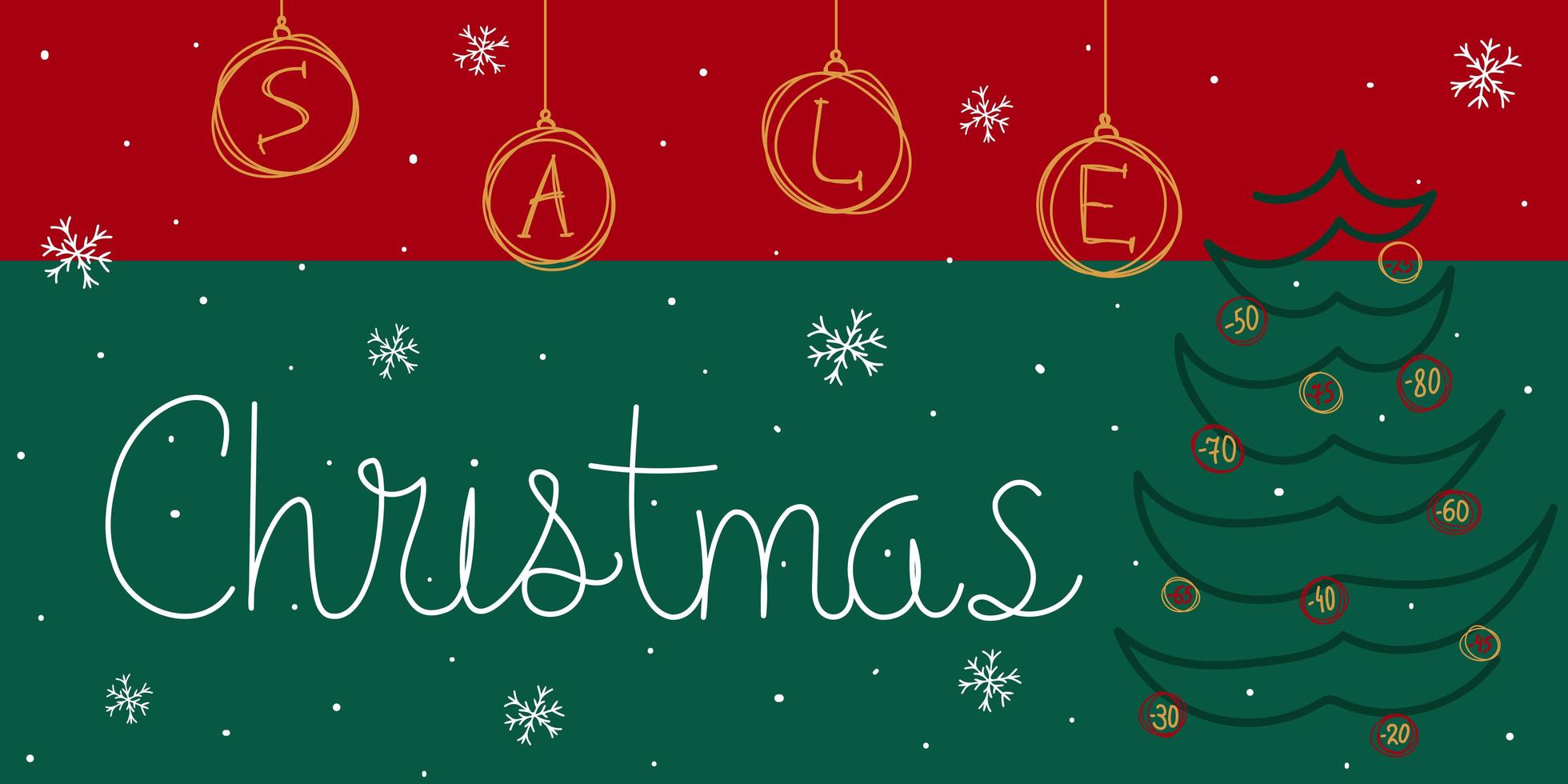 banner de venta de navidad. letras escritas a mano, árbol de navidad, bolas y copos de nieve en estilo doodle vector