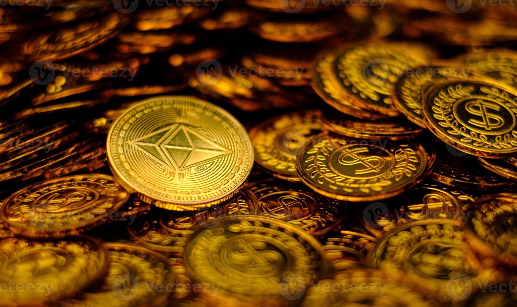 Ethereum coin cryptocurrency on pile gold coins a lot of photo