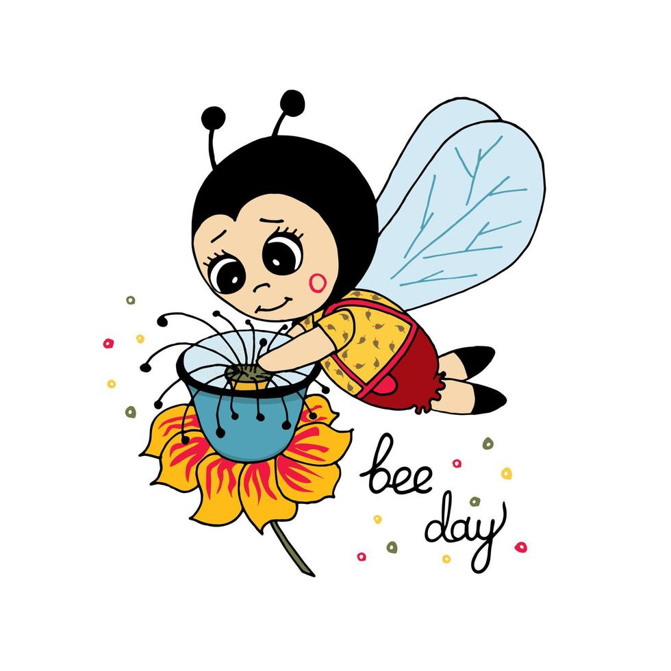 Cute cartoon bee with flower, bee day. Vector illustration.