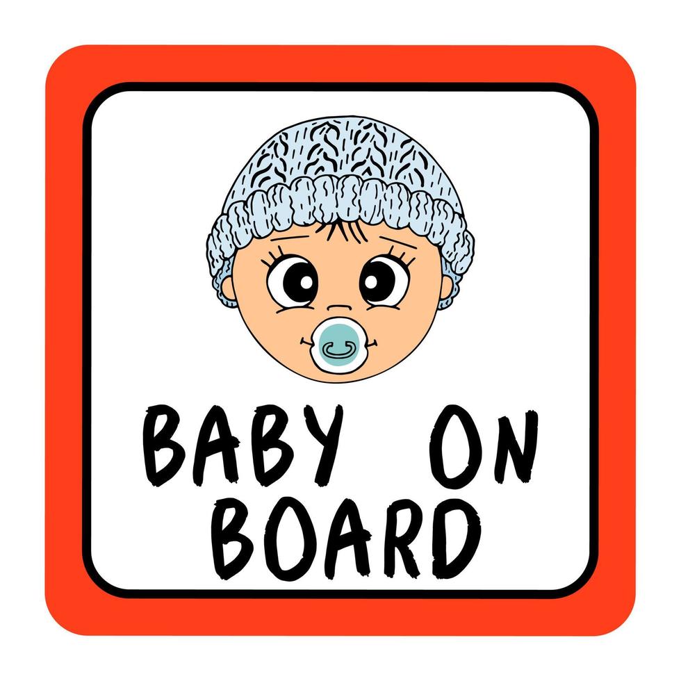 Baby  on board red square car sign safety, . Hand drawn illustration, cartoon, vector, isolated. vector