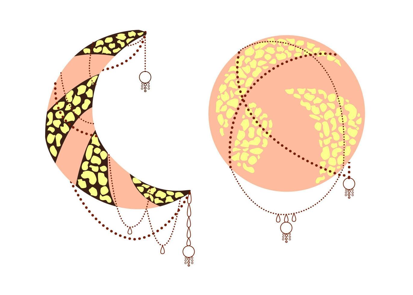 Moon and sun in boho style set. Vector illustration isolated.