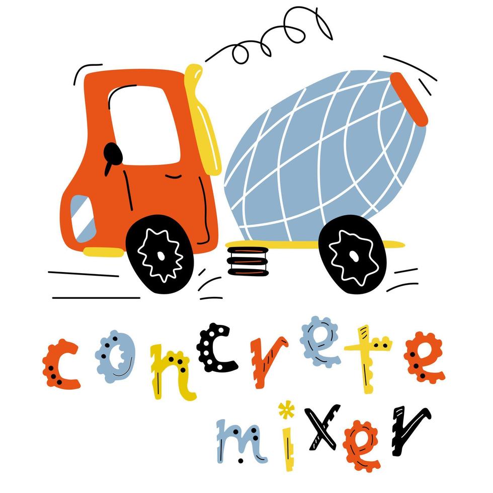 Happy concrete mixer is driving. Childrens cute construction car isolated on white background. vector