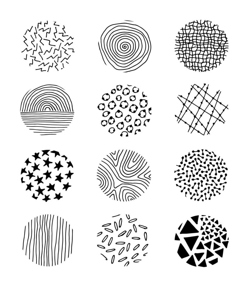 Set round hand drawn icons, lines, zigzags, dots. Vector silhouette of lines and geometric shapes, elements for design.