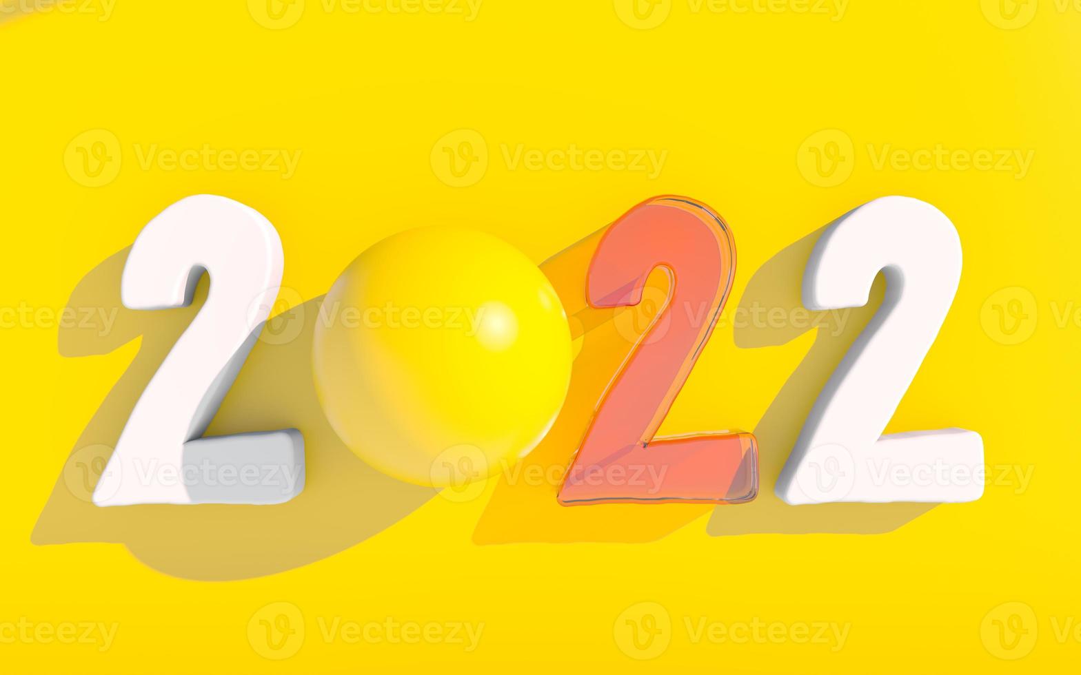 feliz año nuevo 2022. números 3d con formas geométricas y bola de navidad. Render 3D. foto