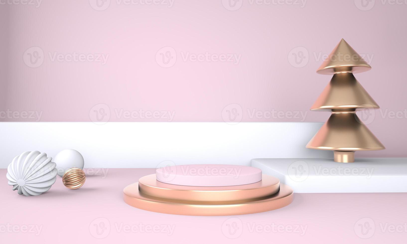 Christmas background with Christmas tree and stage for product display. 3d rendering. photo