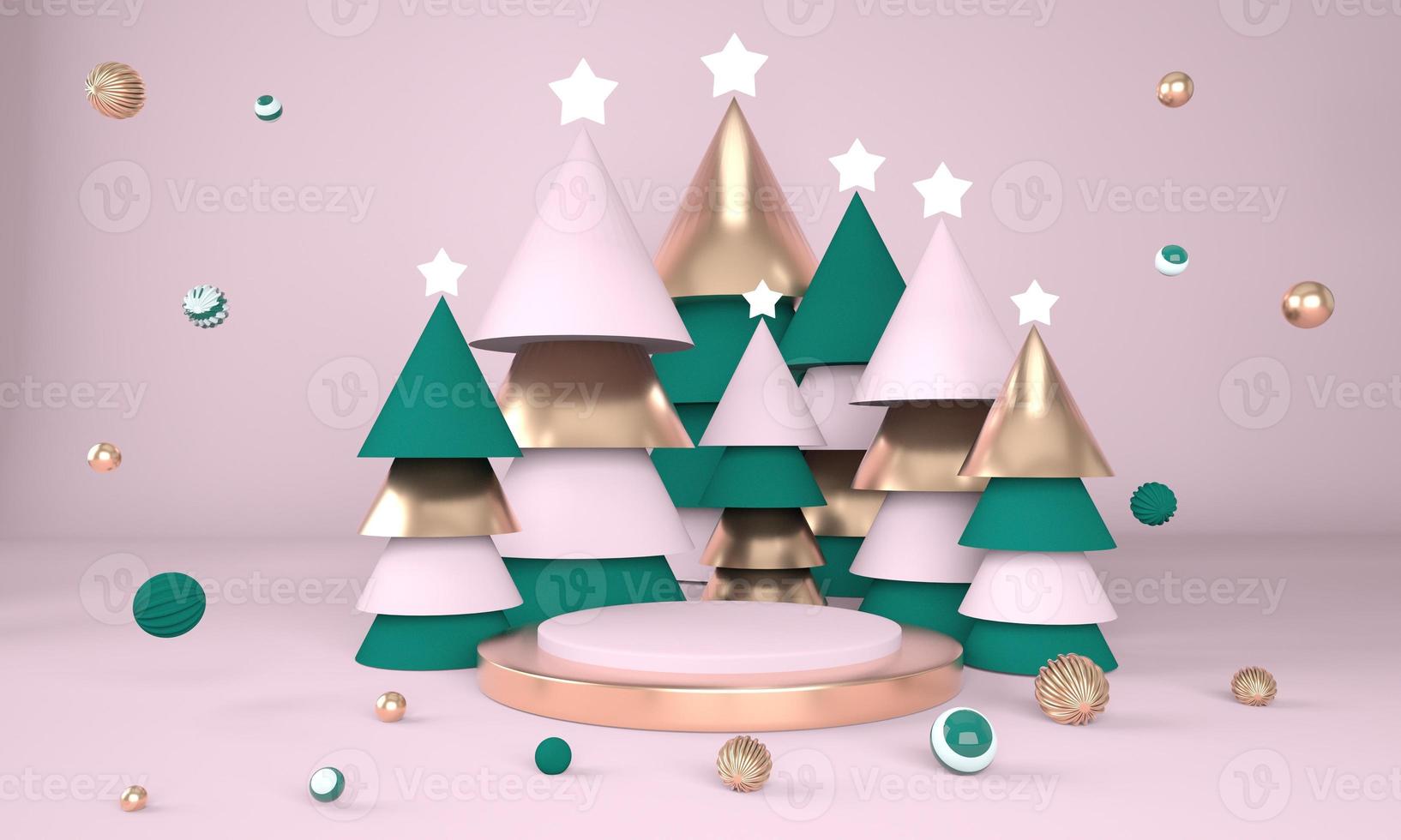 Christmas background with Christmas tree and stage for product display. 3d rendering. photo