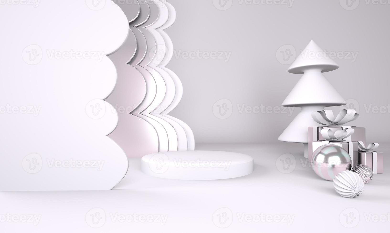 Fondo de Navidad con árbol de Navidad y escenario para exhibición de productos. Representación 3D. foto