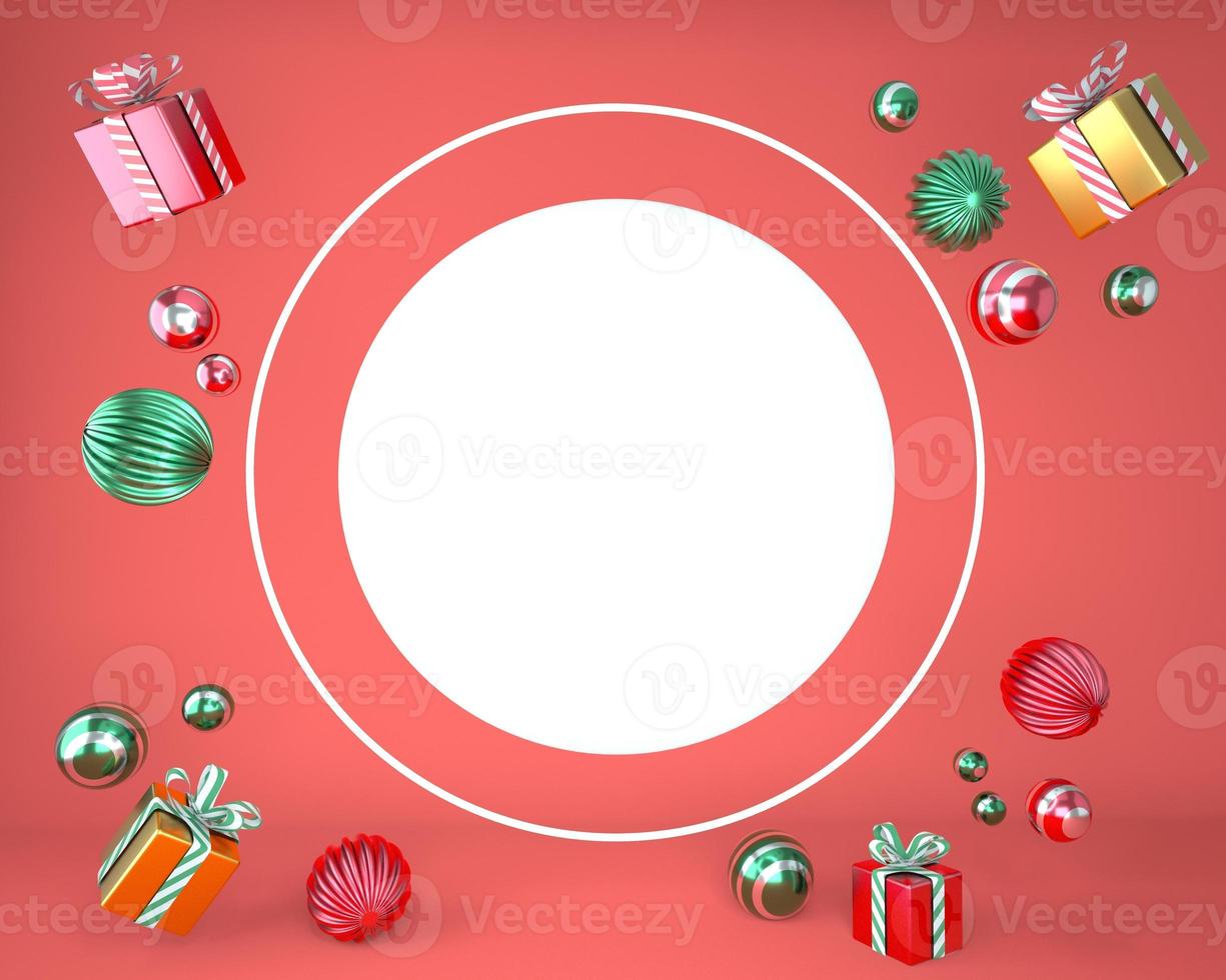 Christmas frame made of festive decorations, gift boxes. Christmas background. 3d rendering. photo