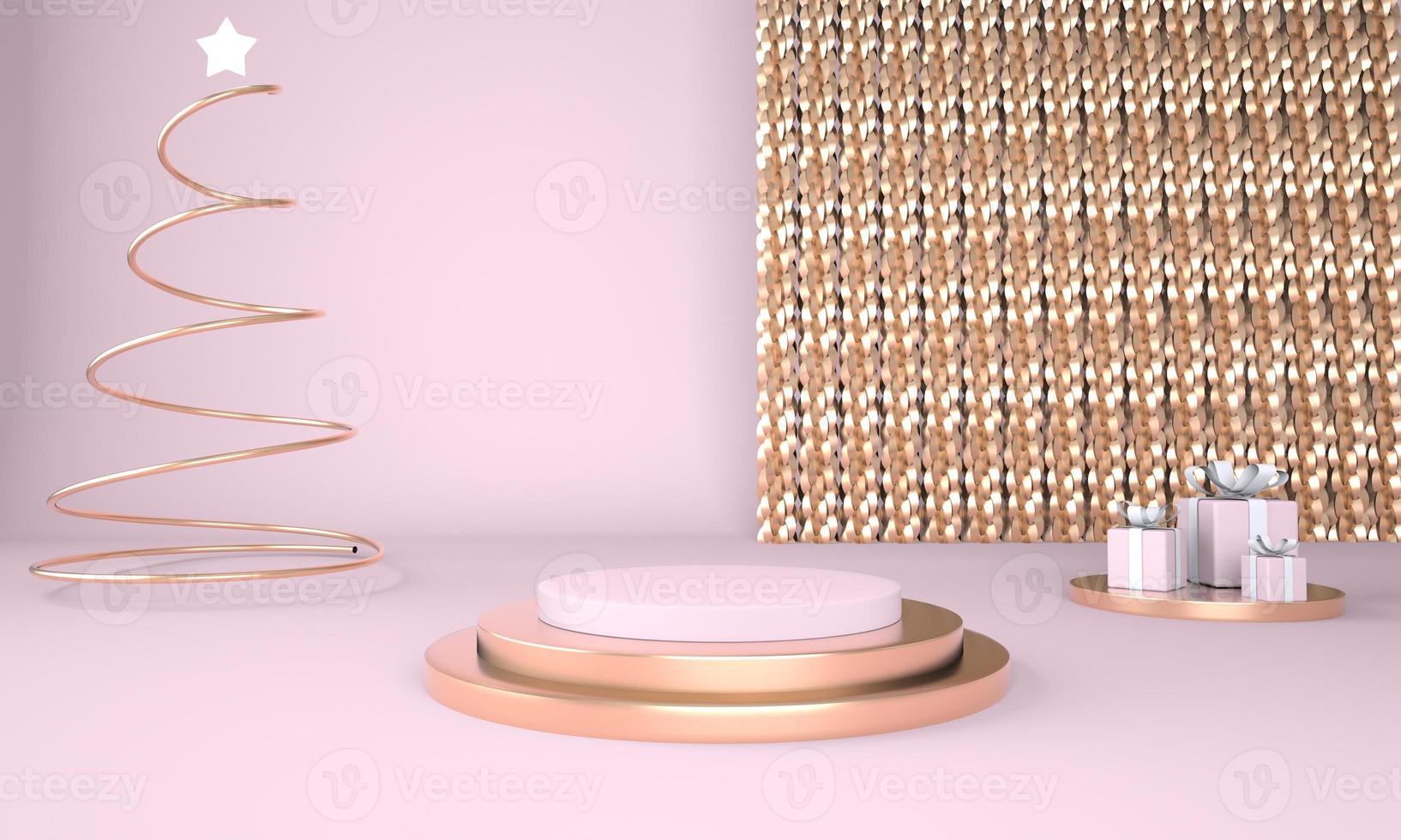 Christmas background with Christmas tree and stage for product display. 3d rendering. photo