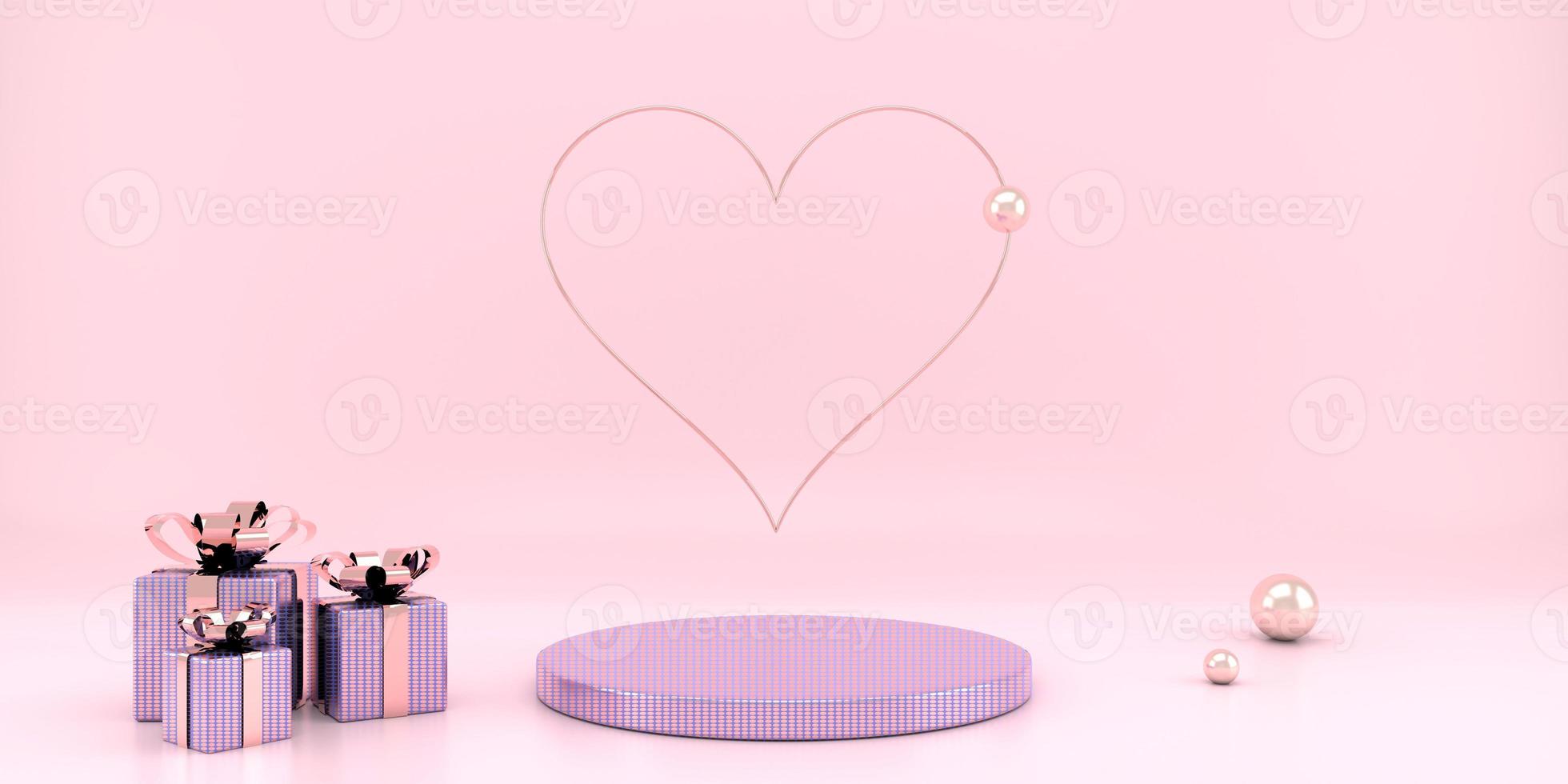 interior del día de san valentín con pedestal, corazones. stand, podio, pedestal para mercancías. amor tarjeta de felicitación. 3d foto