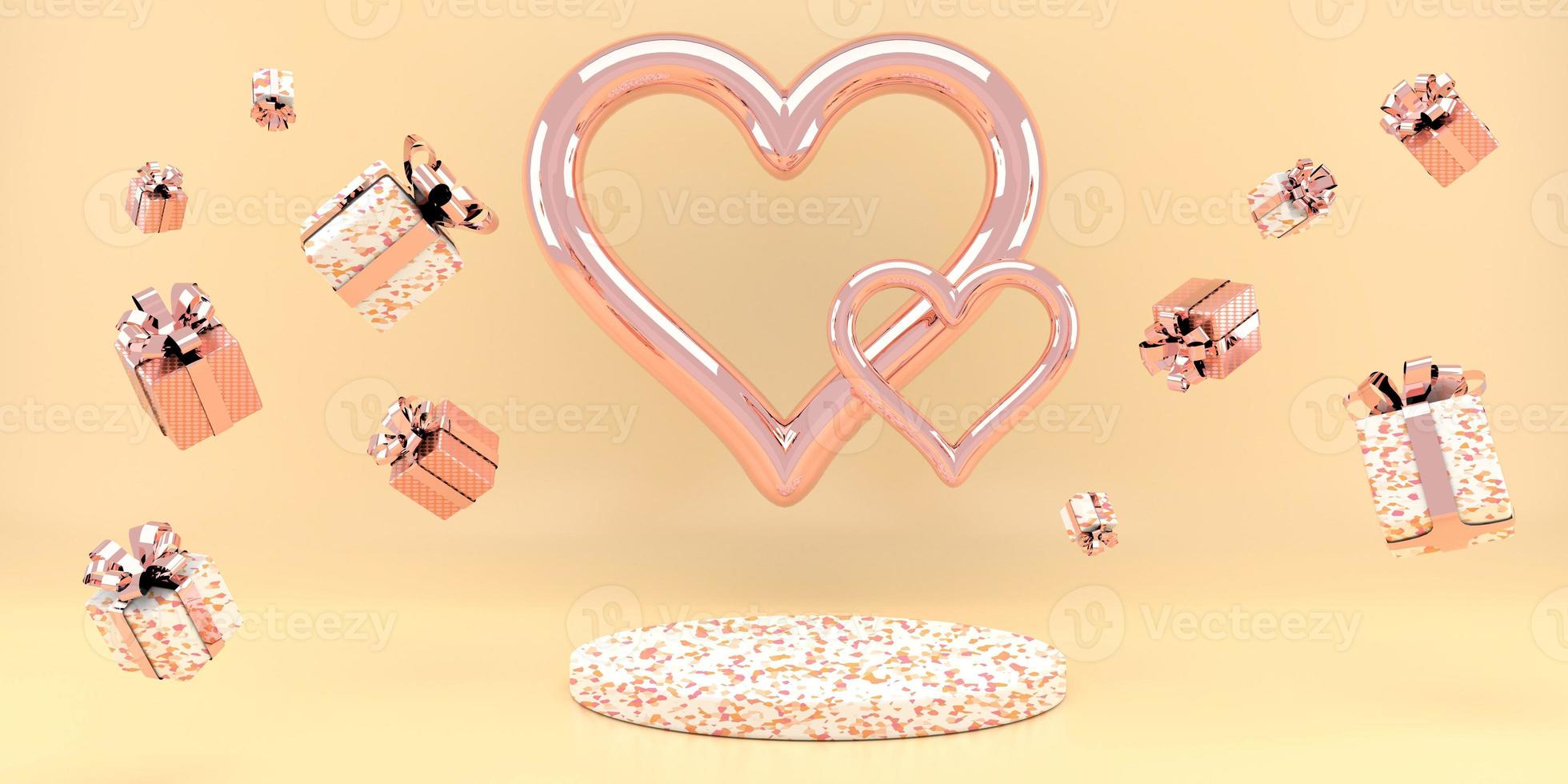 Valentine's Day interior with pedestal, hearts. Stand, podium, pedestal for goods. Love greeting card. 3d photo